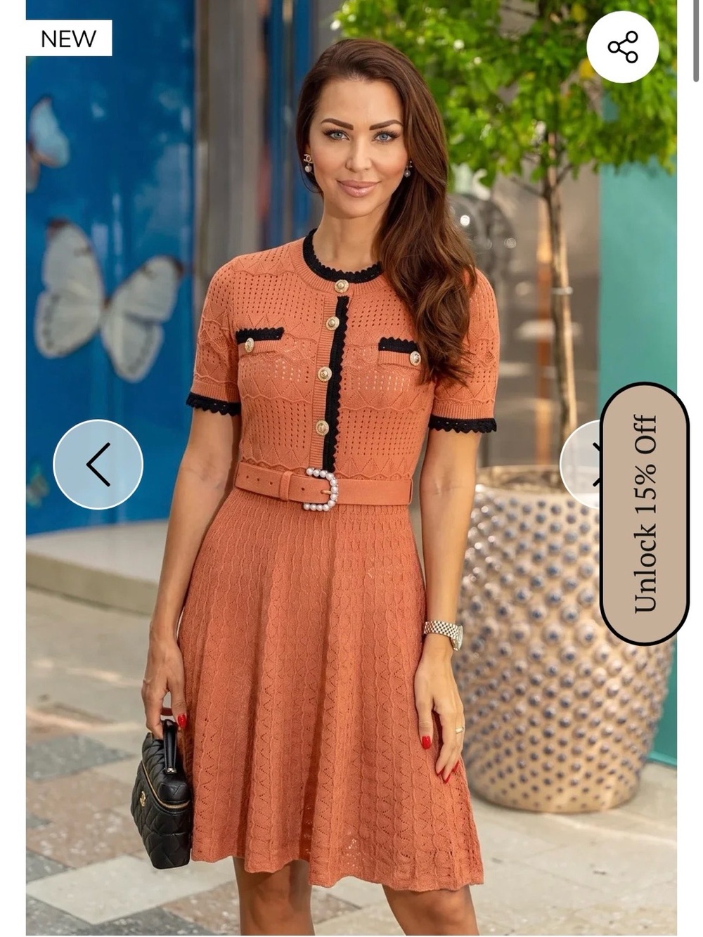 Women's Short-Sleeve Textured Belted Dress in Terracotta